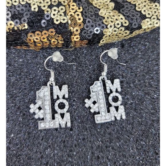 #1 Mom Dangle Earrings with CZ - Picture 4 of 6